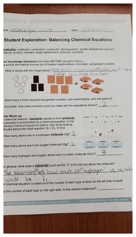 Respond to the questions and prompts in the orange boxes. . Student exploration balancing chemical equations